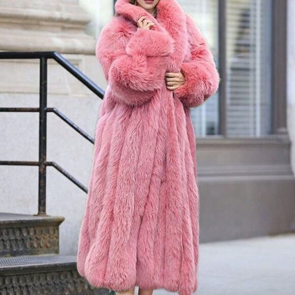 Pink Casual Womens Luxurious Waterfall Neckline Flowy Faux Fur Long Jacket Coat - Picture 5 of 8